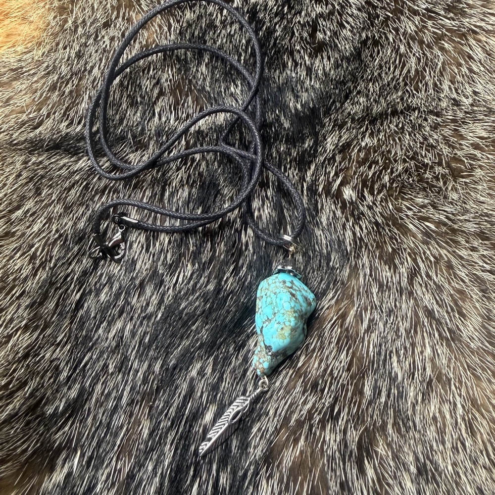 Turquoise Pendant Necklace with Silver Feather Charm